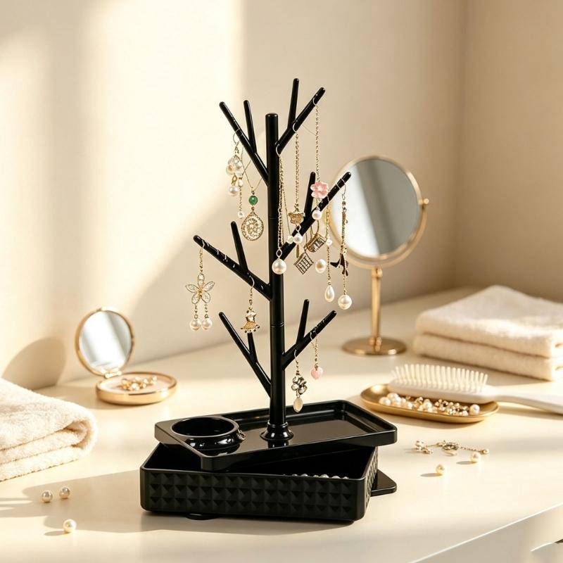 Tree Jewelry Stand for Dresser Storage with Rotating Branch Display and Bottom Tray, Daily Necklace Bracelet Holder