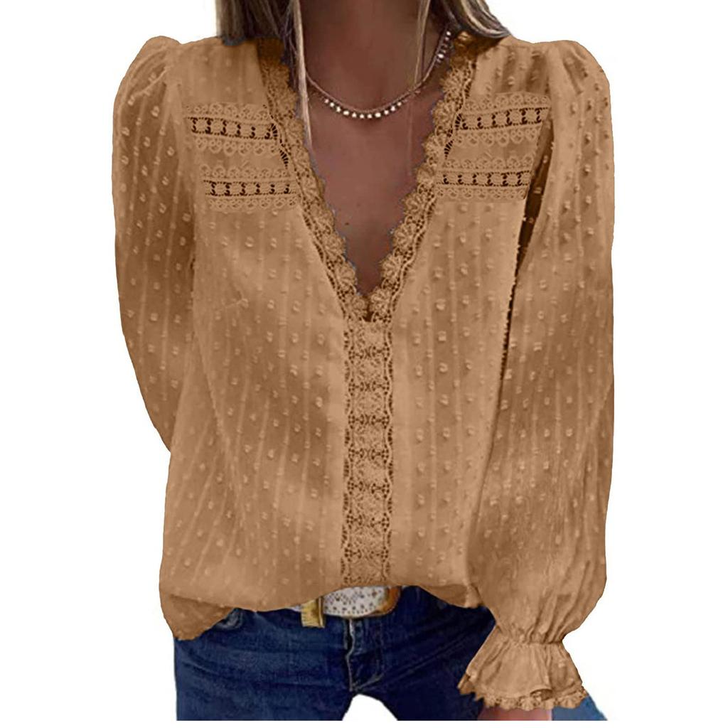 Womens Fashion Lace Blouse V-neck Chiffon Lace Long Sleeve T-Shirt Tops