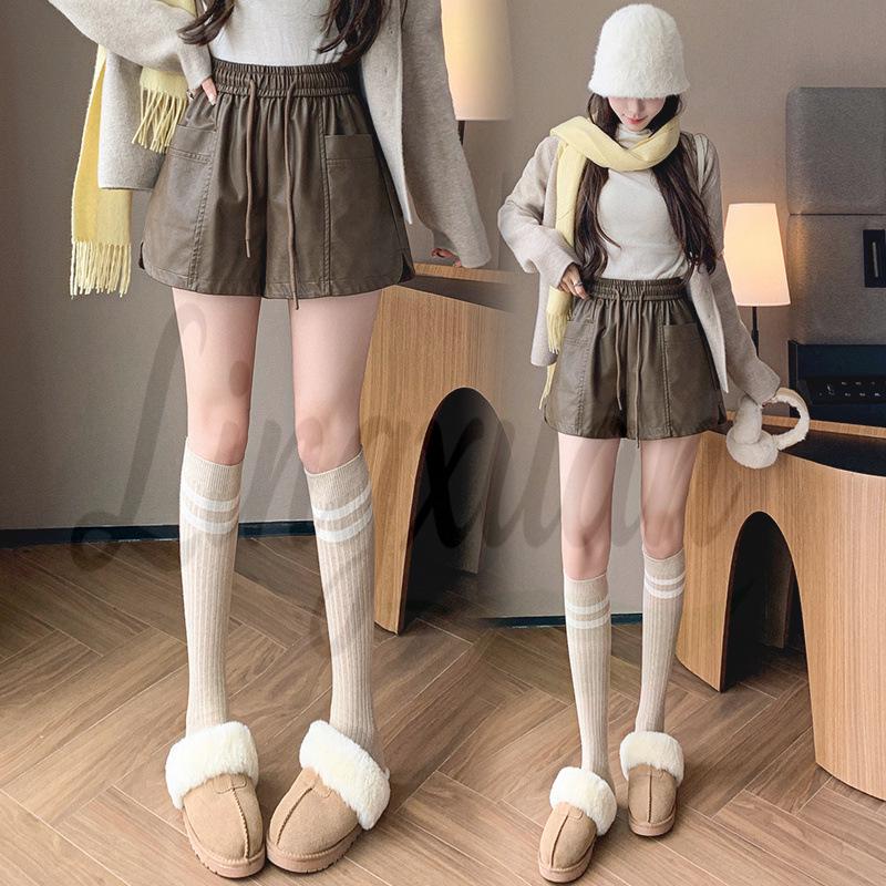 

Women s Winter PU Leather High-Waist Bootcut Shorts: Elastic Waist, Loose Wide-Leg Style Large кавовий