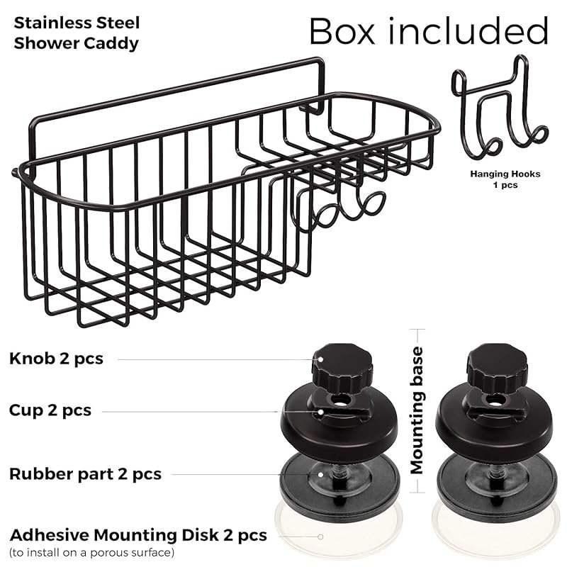 HASKO accessories Shower Caddy Suction Cup - Wall Mounted Bathroom Shelf with Hooks - Suction Shower Basket - Shower She чёрный