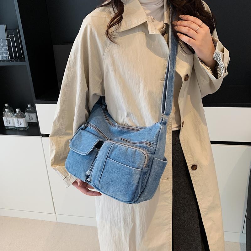 Multi-Pocke Crossbody Bag Denim Commuter Tote Bag Women Large Capacity Messenger Bag