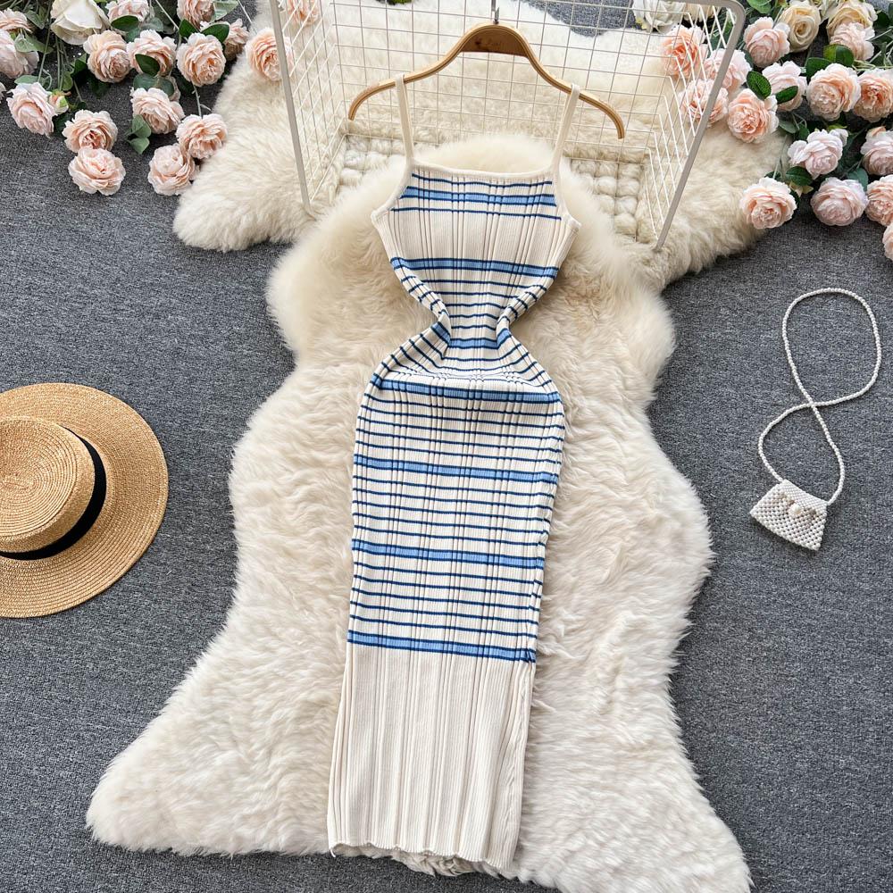 Autumn and Winter Small Fragrant Wind Stripes Collision Color Sexy Lapel Striped Knit Shirt Plus Halter Dress Two-piece