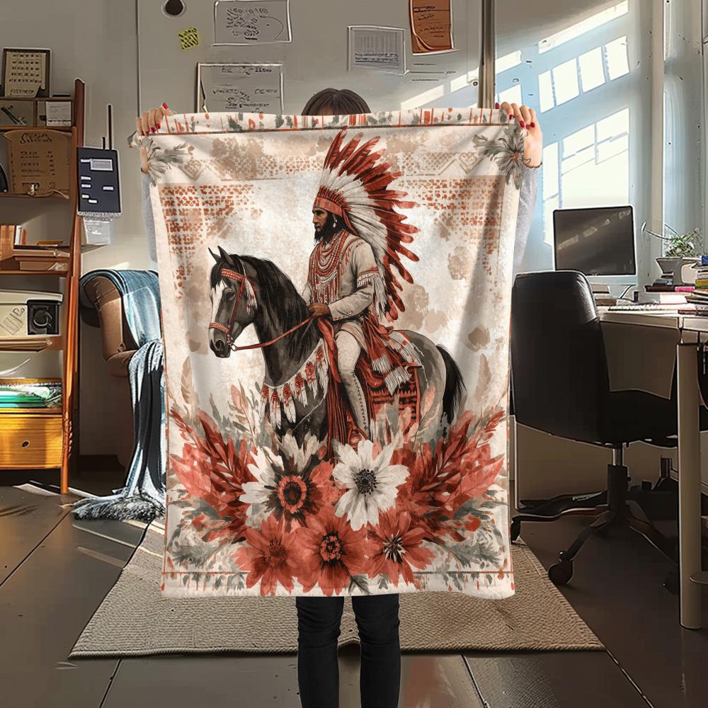 Native Americans and Animals  Print Flannel Blanket, High Quality Comfortable for All Seasons, Home Decor, Warmth and Comfort