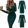 Elegant Women Autumn Long Sleeve Deep V Neck Pleated Bodycon Knee-length Dress