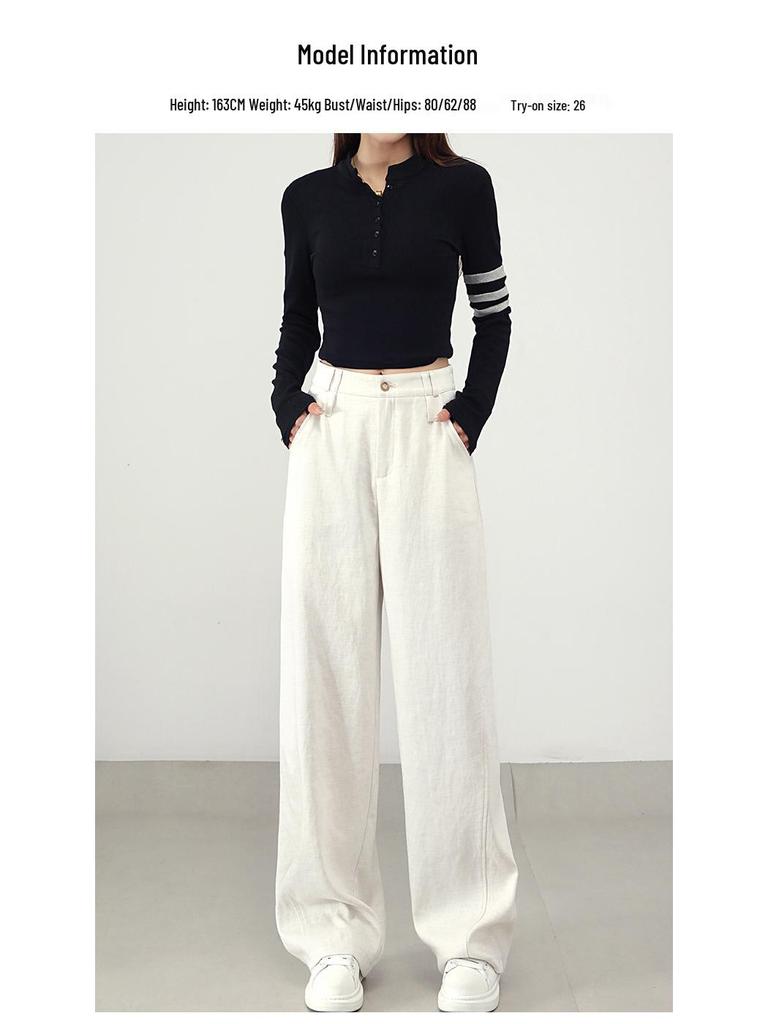 White Linen Loose-Fit Old Money Style Women’s Elastic Waist Wide-Leg Trousers, Casual Spring 2026 Collection