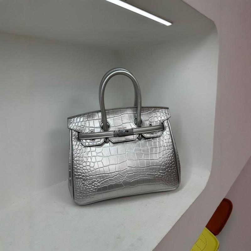 Crocodile Embossed Silver Button Platinum Bag 2024 High-end Large-capacity Handbag Casual One-shoulder Cross-body