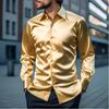 Men Shiny Satin Long Sleeve Dress Shirt Solid Color Gold Formal Business Party Blouse