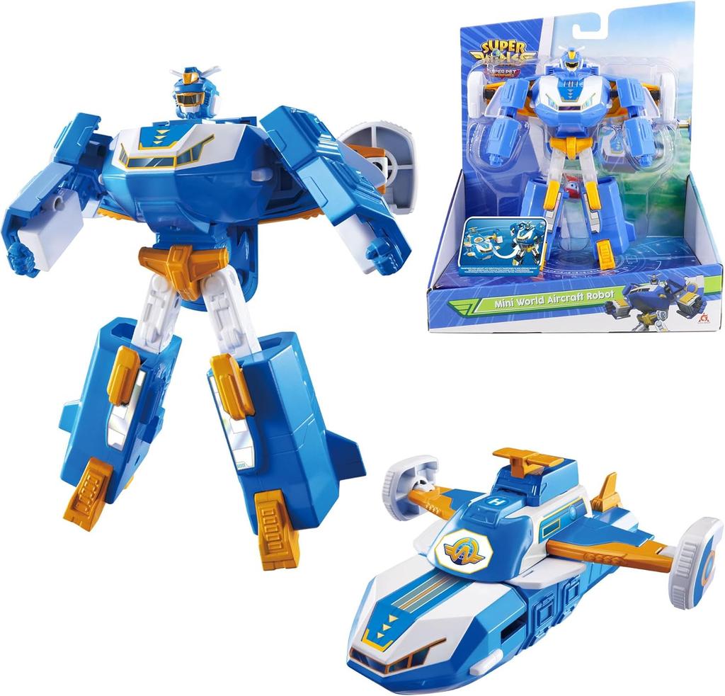 Super Wings 2-i-1 Mini World Flytransformasjonsrobot med lys- og lydeffekter, Transformerbart leketøy for jenter og gutter fra 3 år, Blå