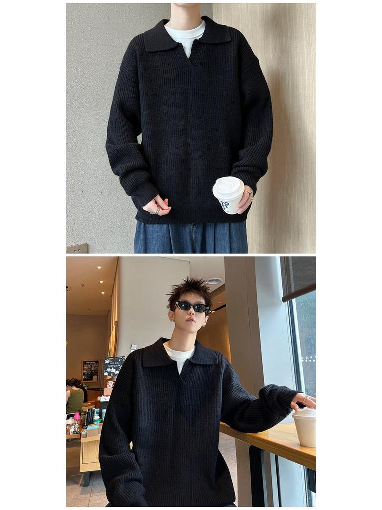 Men's Winter American Style Black Knit Polo Sweater