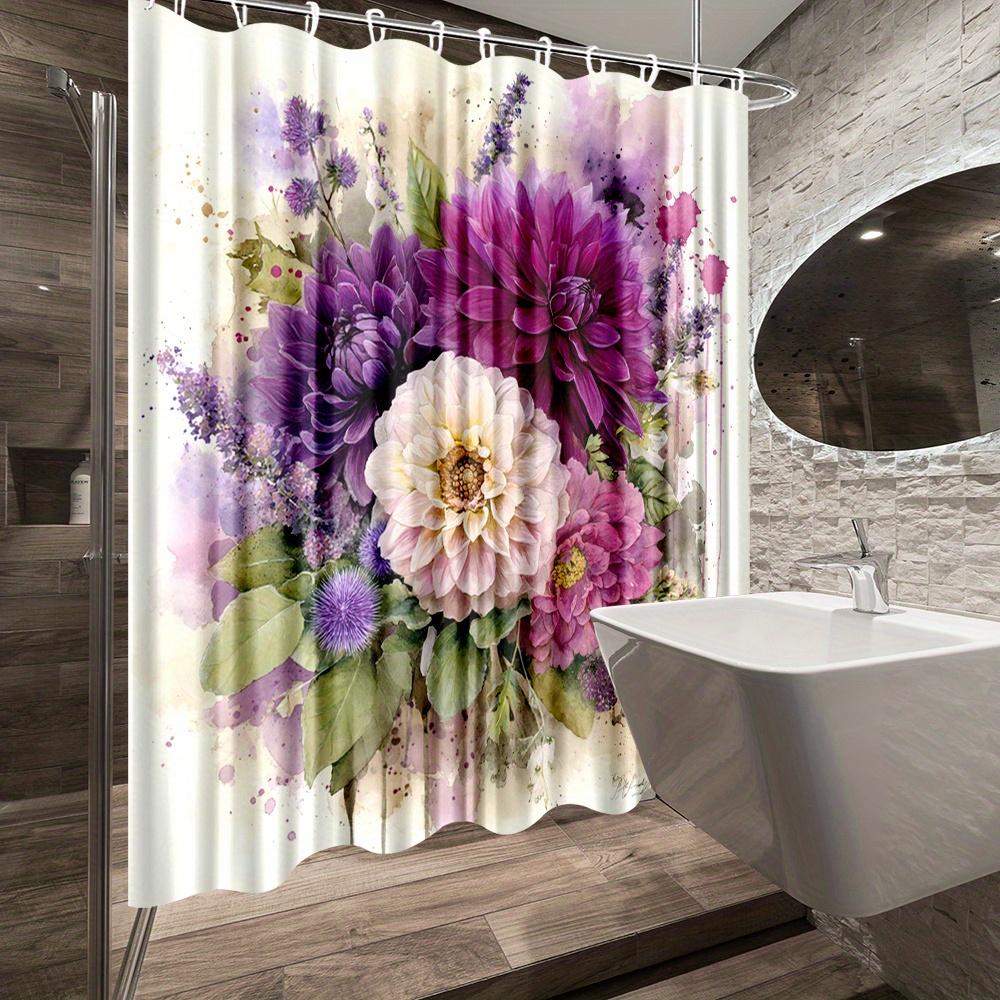 1Pc Floral Shower Curtain - Vibrant Purple Pink Flowers With Green Leaves, Polyester Fabric, 70.8X70.8 Inches, Includes 12 Hooks