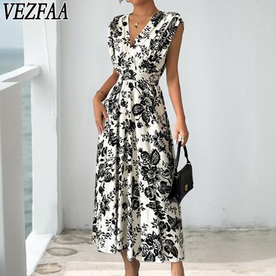 Women's Fashion Summer Spring Flower Pattern Print Sleeveless V-Neck High Waist Casual Dresses