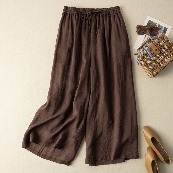 Cotton and Linen Wide-leg Pants Women Summer Retro Elastic Waist Ankle-Length Pants Lace-up Solid Versatile Loose Casual Pants