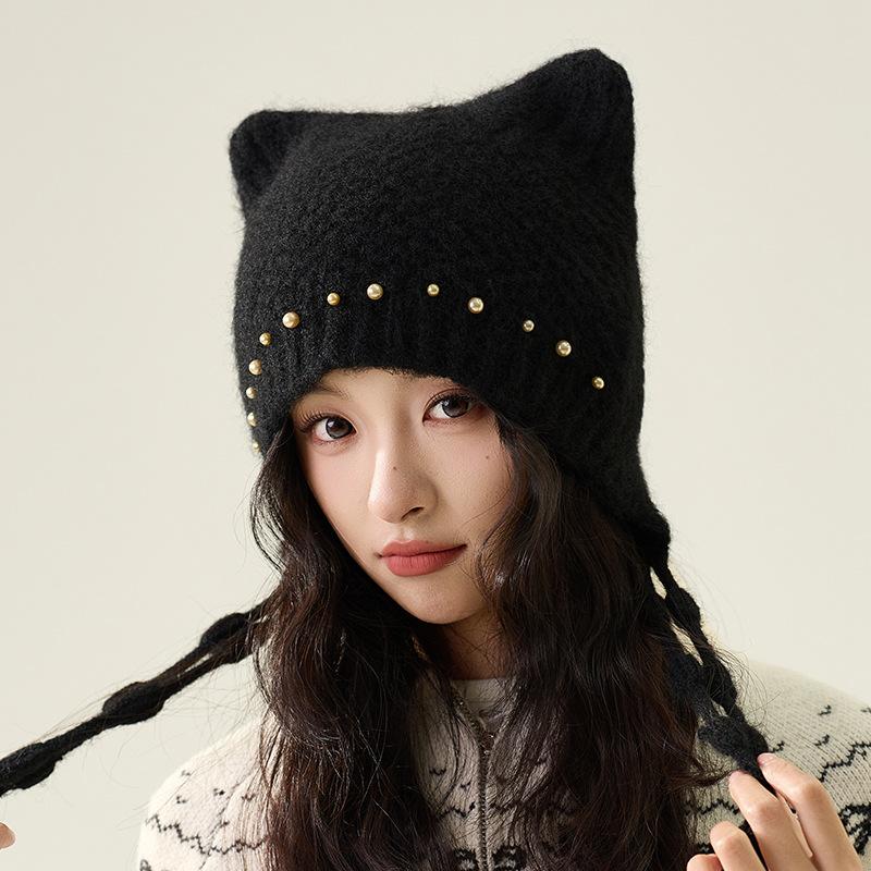 

Pearl Tassel Little Bear Knitted Hats Autumn and Winter Cute and Warm Ear Protection Women s Hats One Size чёрный