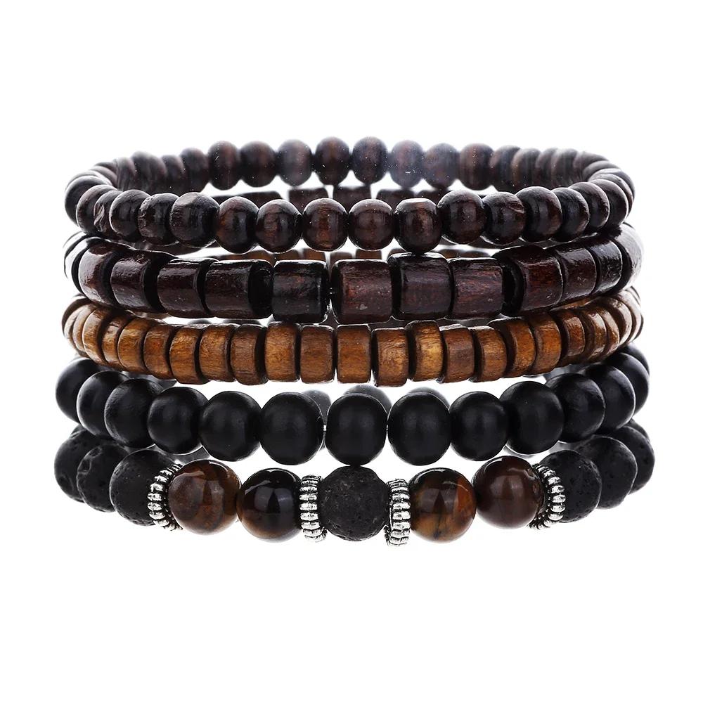 Best-selling Multi-layer Buddha Wood Bead Bracelets Sets Men's Retro Style Multi-layer Elastic Thread Adjustable Wooden Bracelet