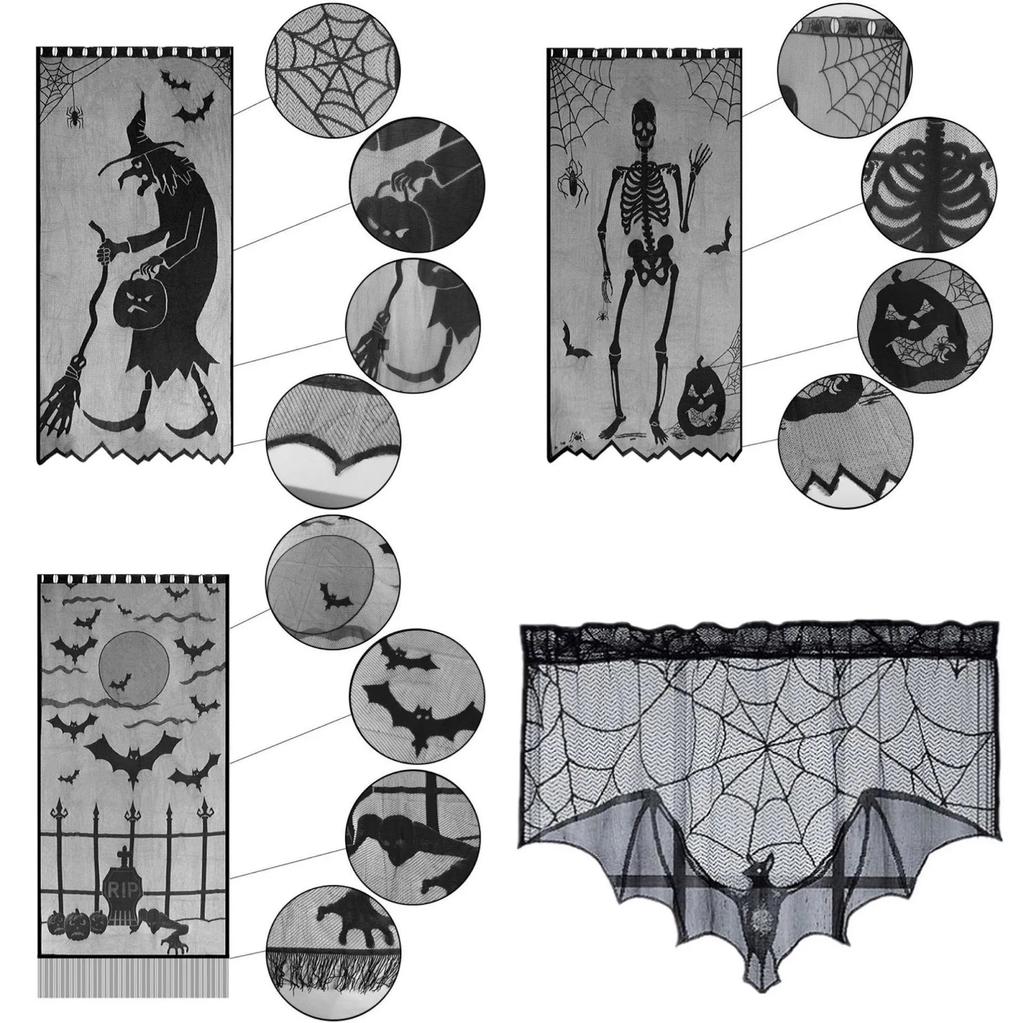 Halloween Tablecloth Bat Spider Web Black Lace Tablecloth Mantel Cloth Family Table Decoration Halloween Party Decoration