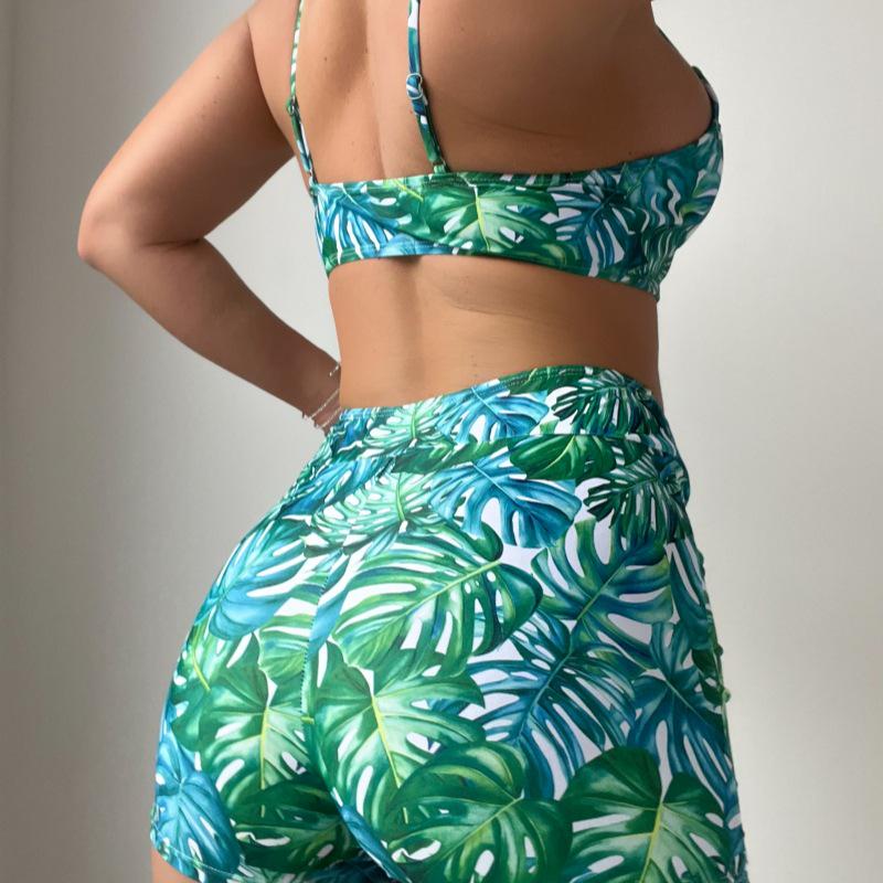 New Tropical Plant Print Bikini Swimsuit Set