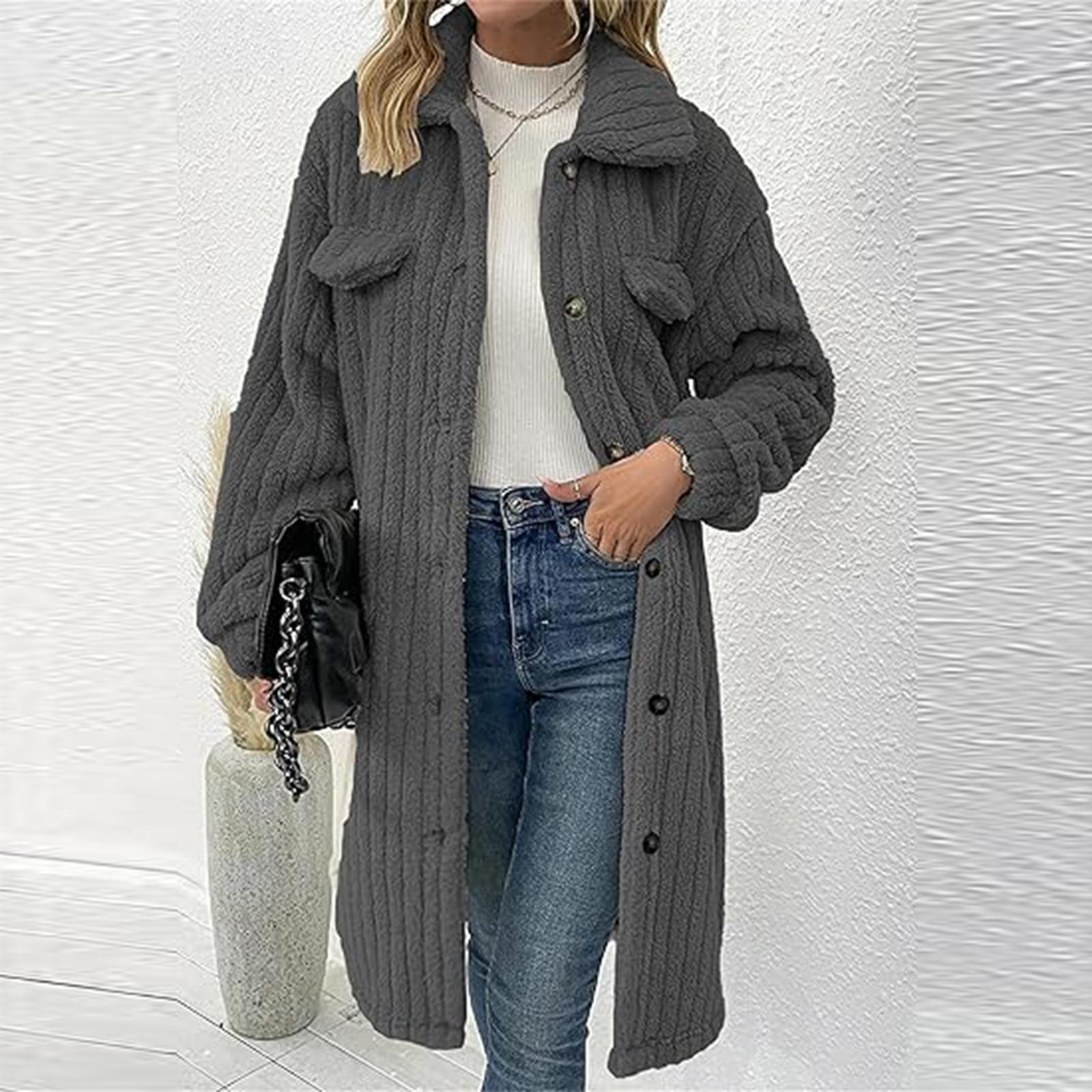 

Женское модное однотонное шерстяное пальто с лацканами и длинными рукавами XL