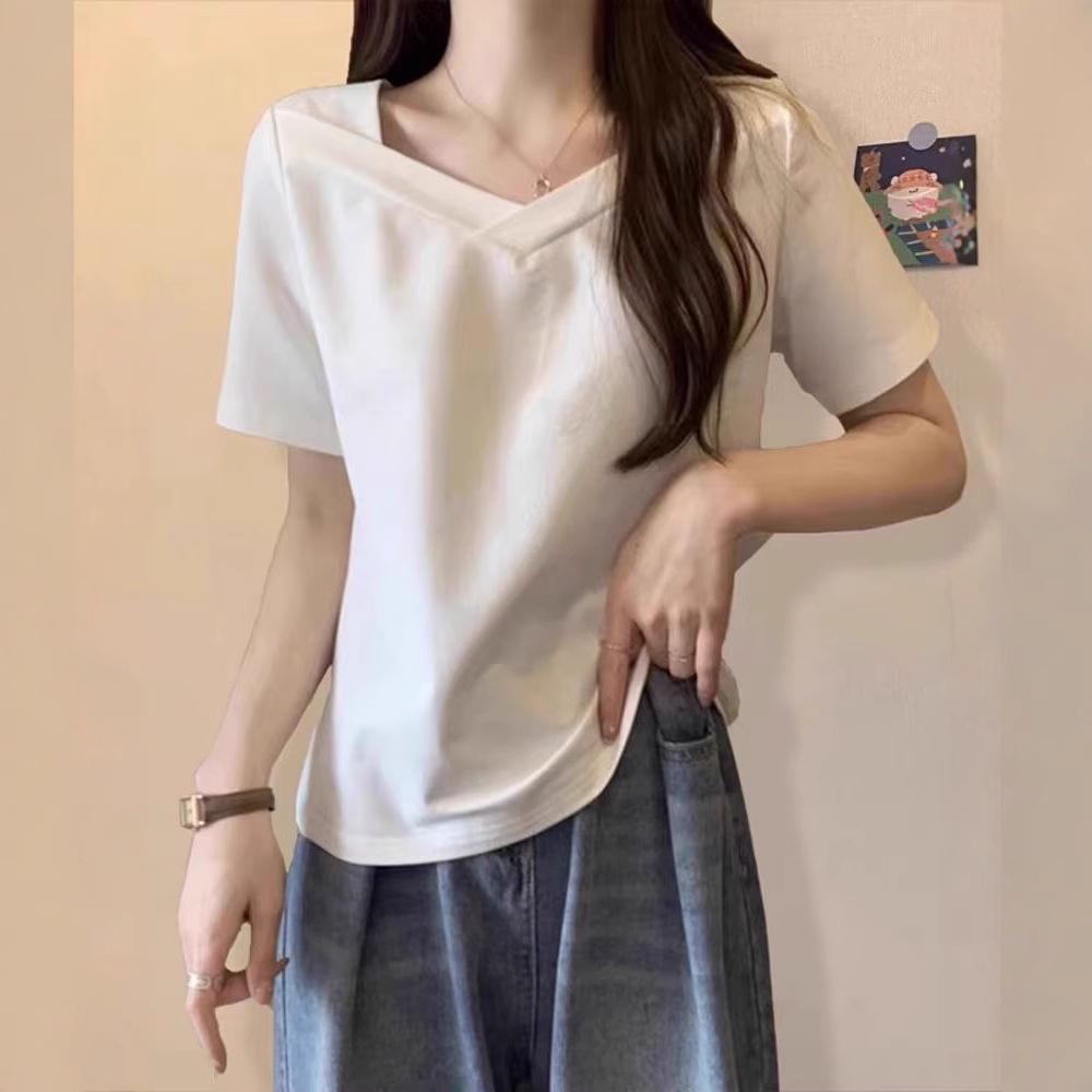 

Spice Girl Sweet Sa Wind Pure Desire V-Neck Exposed Clavicle Short Sleeve T-Shirt Women s Summer Korean Edition Slim Skinny Half Sleeve T-Shirt Top M белый