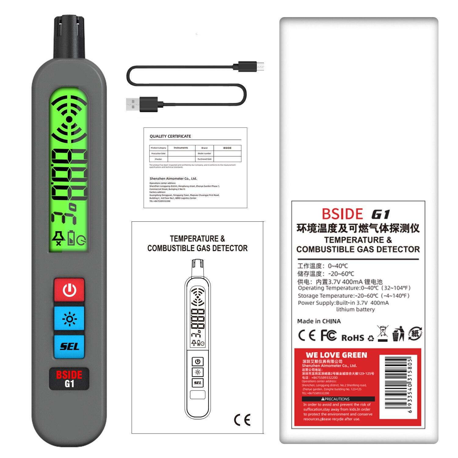 

BSIDE Combustible Gas Detector Portable Charging Model Natural Gas Coal Gas Leakage Alarm Air Temperature and Humidity Test 1Set