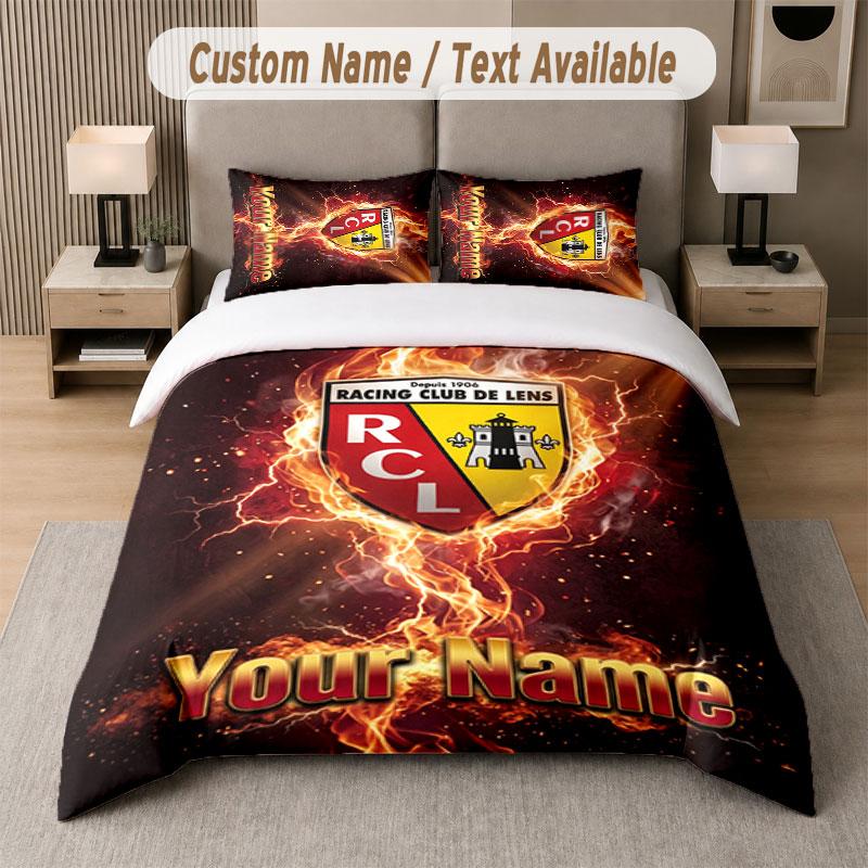Custom Bedding Set Racing Club De Lens Pattern, Print Name Text 1 Duvet Cover Plus 2 Pillowcases Home Textile