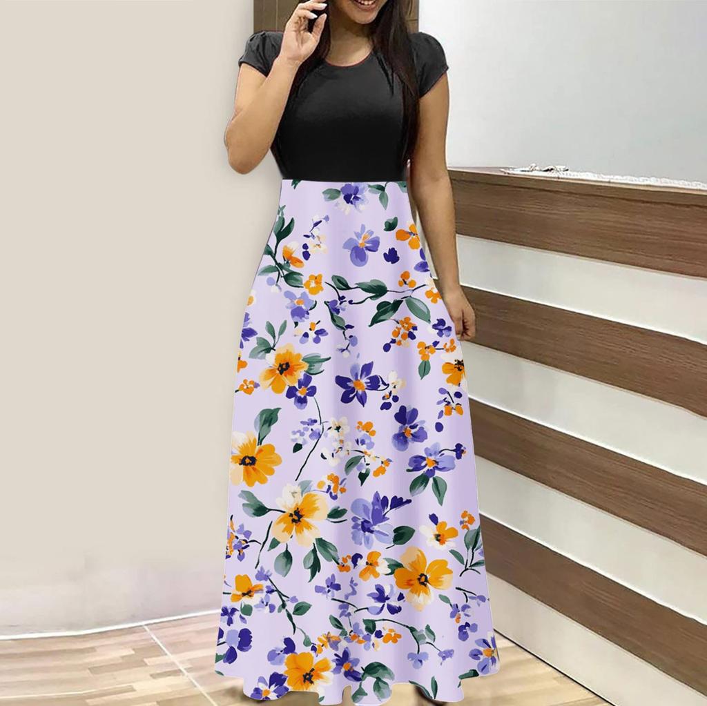 Damenmode Lässig Locker Bedruckt Rundhals Kurzarm Lange Kleider Kurzarm Lange Kleider