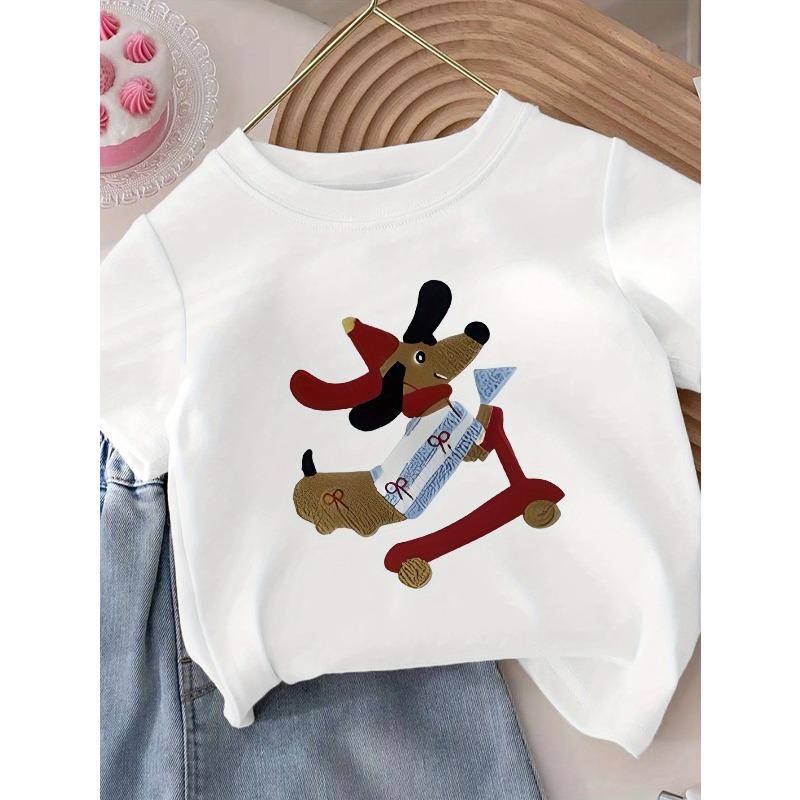 European sizes Girls   Round Neck T-Shirt, Fashion Print Short Sleeve Casual Top 110