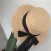 Broken edge bow strap straw hat children raffia flat top fresh seaside sunshade sun protection beach hat