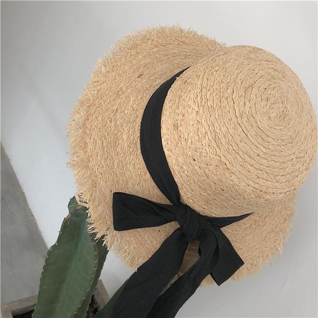 Broken edge bow strap straw hat children raffia flat top fresh seaside sunshade sun protection beach hat
