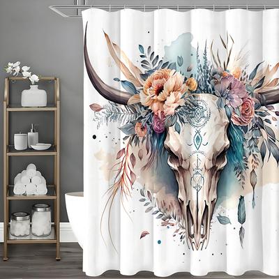 Cow Head Floral Shower Curtain, Bathroom Decorative Shower Curtain, Waterproof Shower Curtain with Hooks