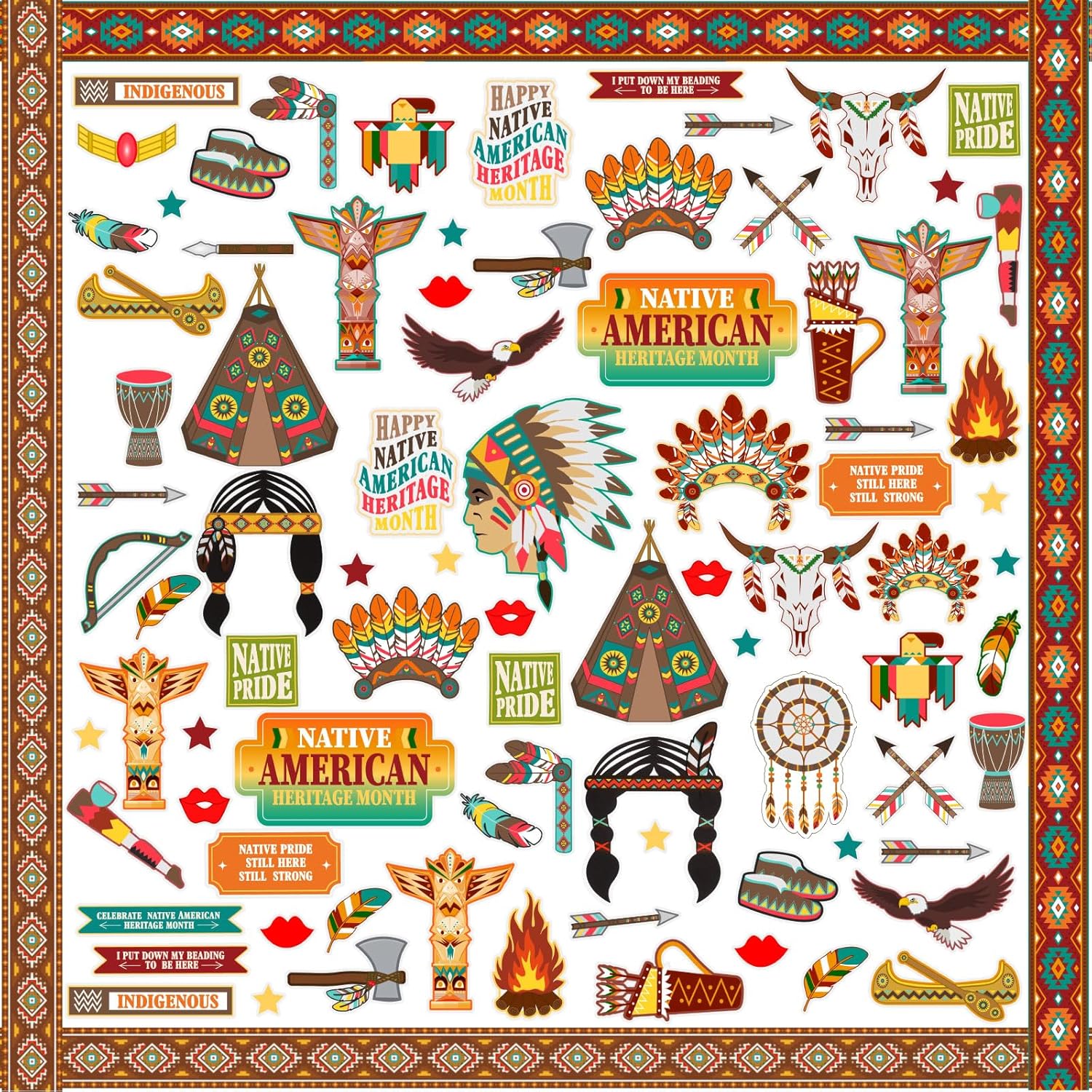 TecUnite 75 Pcs Native n Heritage Bulletin Board Set Native n Indian Bulletin Board Trim Indigenous History Cutouts Stickers Posters for Classroom