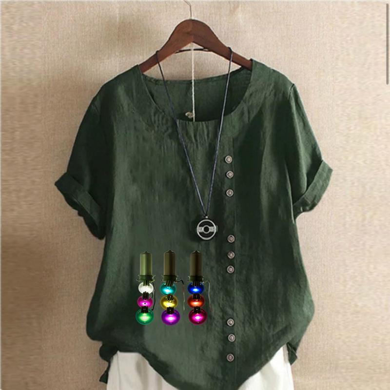 Women's Fashion Round Neck Short Sleeve T-shirt Casual Cotton Linen Graphic Shirt Leisure Loose Electric Light String Prined Summer Blouse Tops