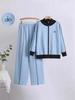 Women's Versatile Color-Block Knit Suit: Age-Defying Stand-Collar Jacket & Wide-Leg Pants Set