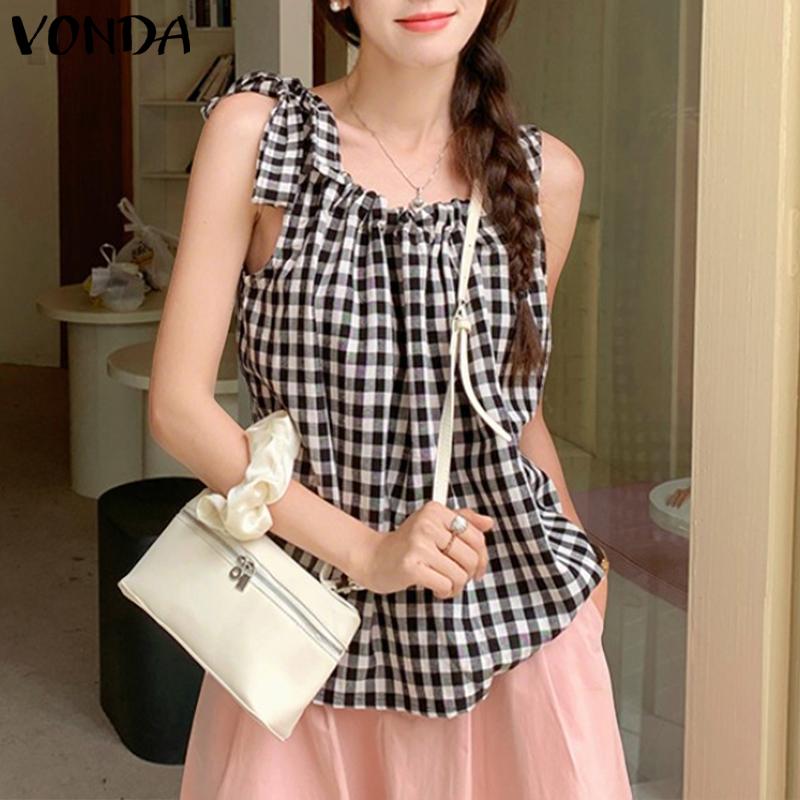 VONDA Women Summer Bow Strap Sleeveless Plaid Print Casual Ruffled Tank Tops