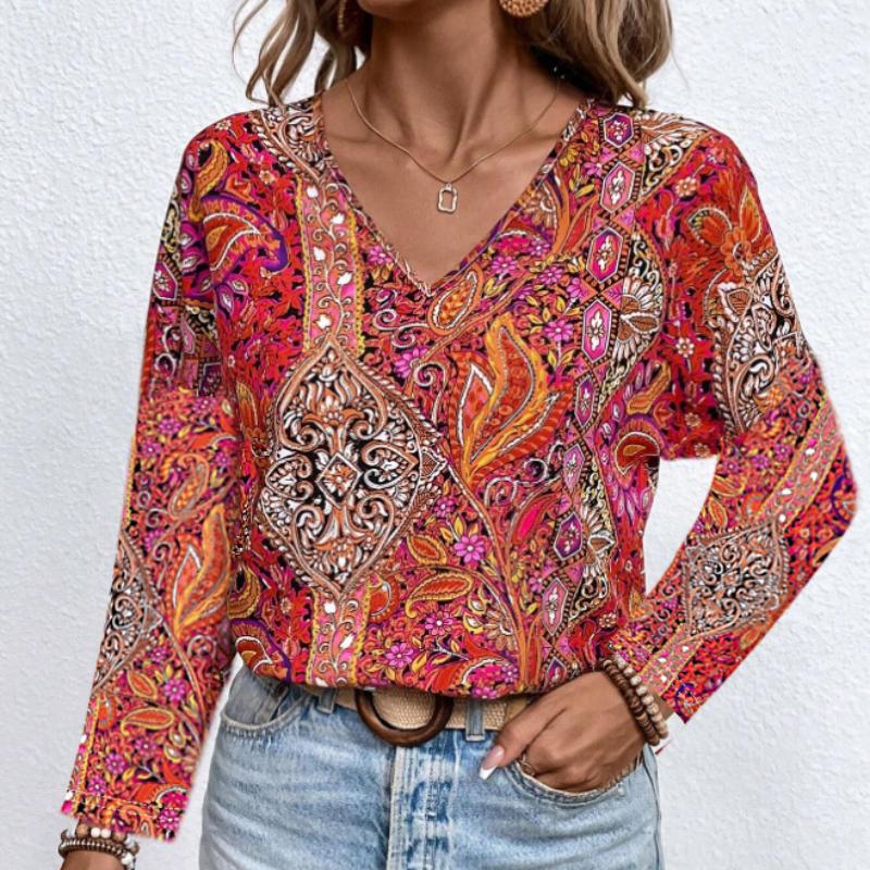 

Летняя удобная повседневная женская рубашка смешанных цветов с принтом и V-образным вырезом, с длинными рукавами XL красный