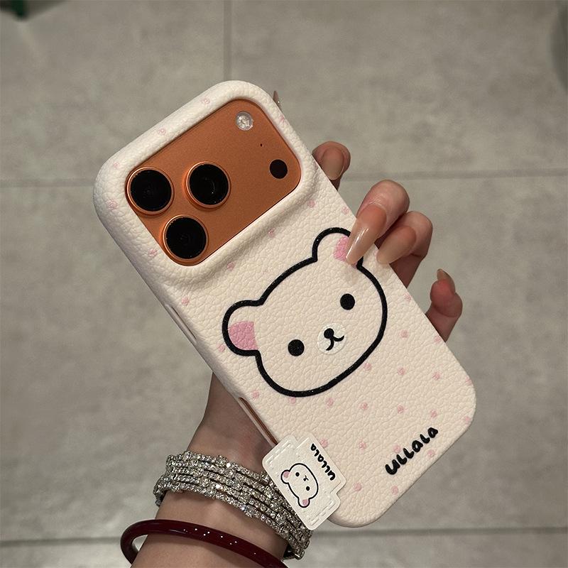 

White Polka Dot Bear for Apple 17pro Mobile Phone Case 16proma X Soft Glue 13p Imitation Leather 12pro Cartoon For Apple 11