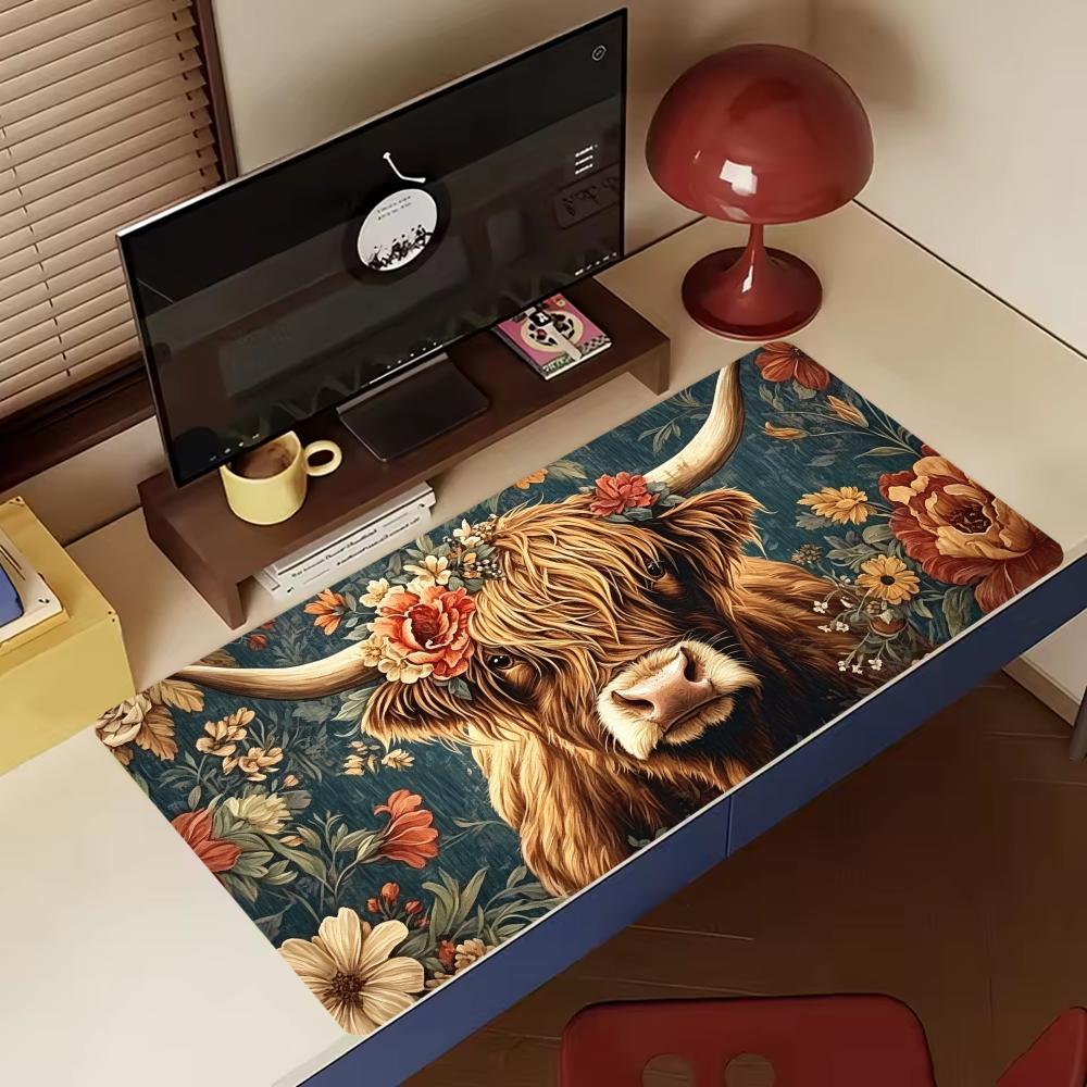 Large Extended Highland Cow Floral Mouse Pad Thick Non‑Slip Rubber Mat For Precise Mouse Control Gaming Laptop Computer Desktop
