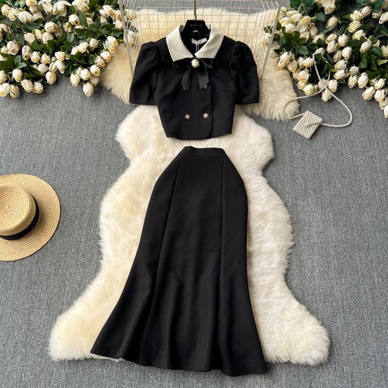 

Qianjin Style French Socialite Small Dress Women s Fancy Classic Style Puff Sleeve Top + High Waist Fishtail Skirt Black L