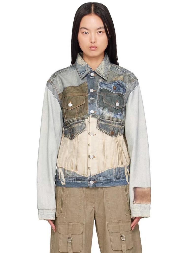 Damen Retro Slim-Fit Rissige Jeansjacke mit Visuellem Print