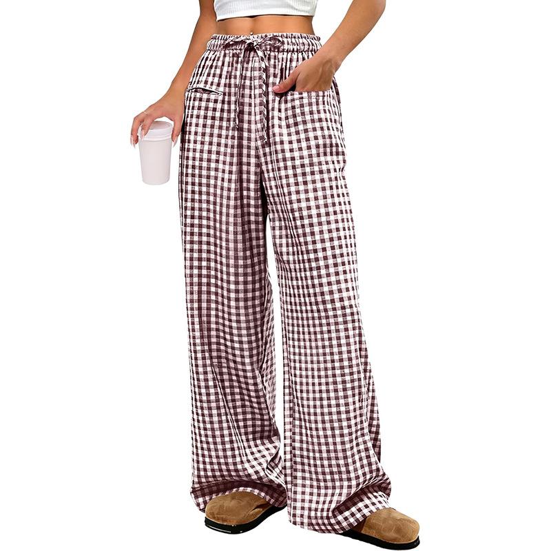 2026 Women s European & American Plaid Trousers - Spring/Summer Casual, Loose Fit, Elastic Waist, Wide Leg with Pockets Extra Large