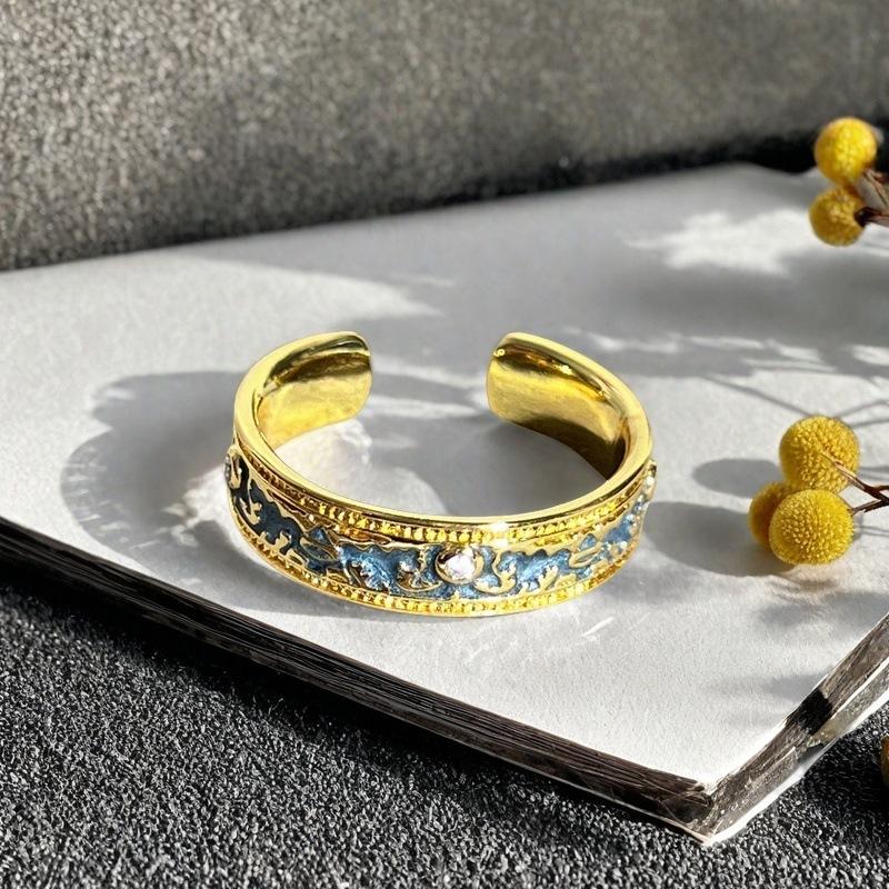 Neuer Mittelalterlicher Französischer Retro Emaille Tropfen Offener Ring Muster Hofstil Nischendesign Personalisierter Ring Frau