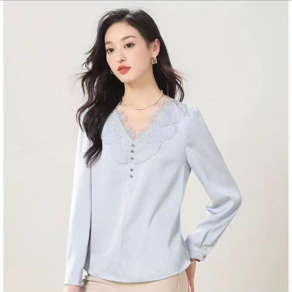 S069 Spring French Lace V-Neck Elegant Long-Sleeve Shirt