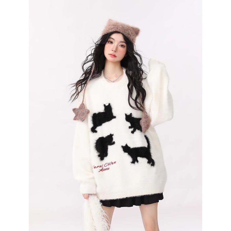Women's Knitted Shirt with Cat Pattern Solid Color Long Sleeved Round Neck Woman Pullover Korean Loose Women Trendy Top