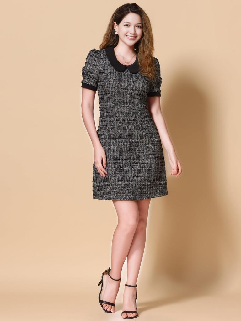 Allegra K Damen Tweedkleid, Peter-Pan-Kragen, Puffärmel, A-Linien-Minikleid, Schwarz, Größe M