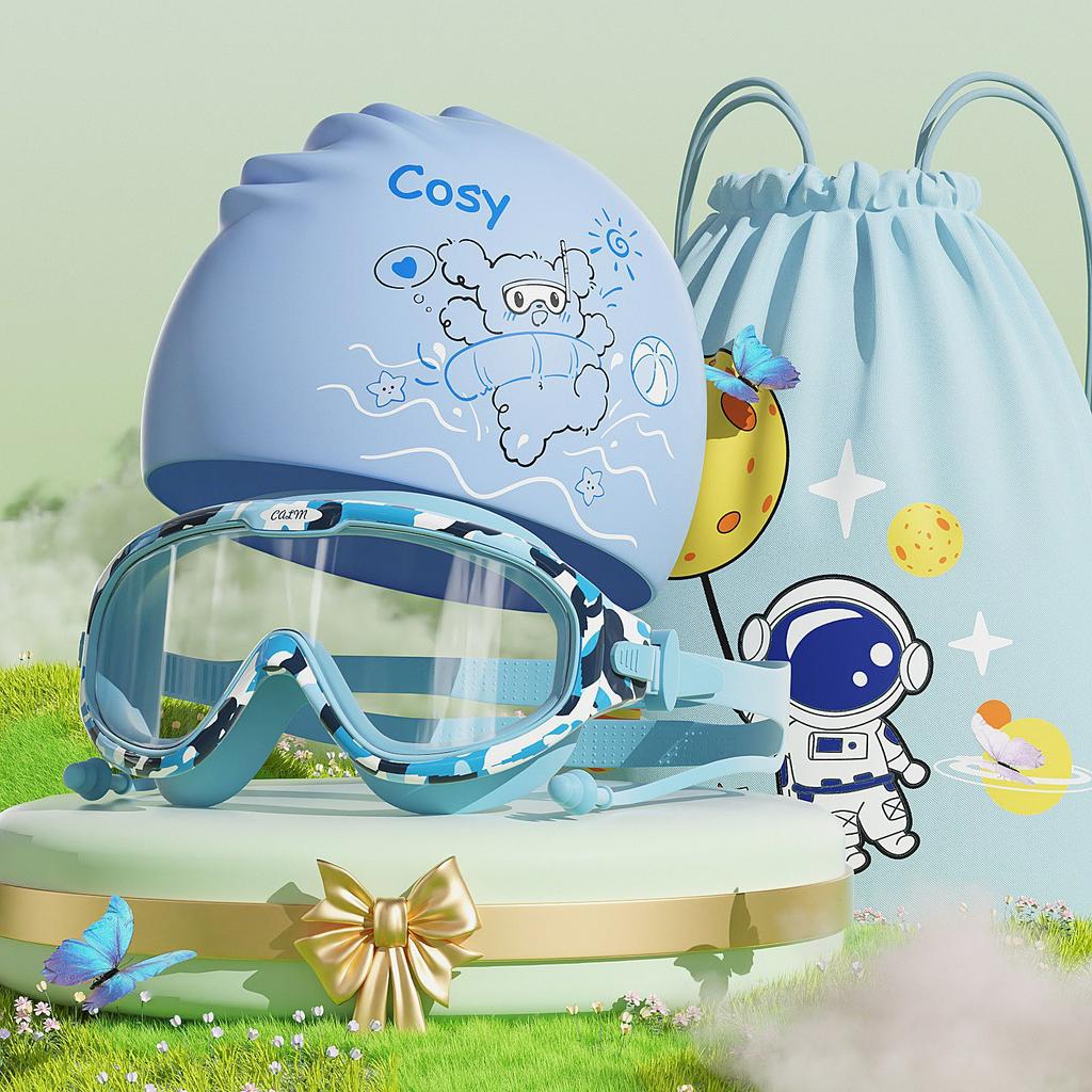 Children's Swimming Goggles Boys High Definition Anti-fog Waterproof Large Frame Swimming Glasses Swimming Cap Set Girls Diving Equipment