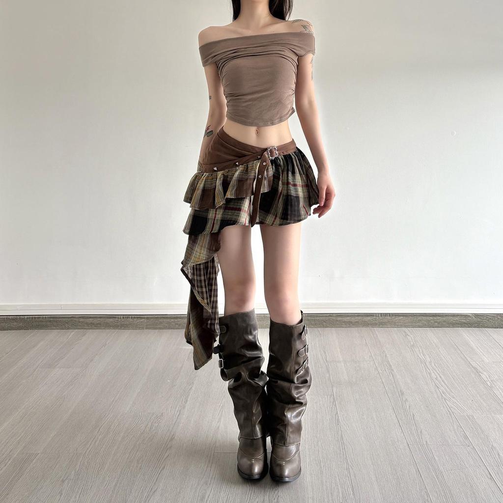 Amerikanischer Streetstyle Karomuster Patchwork Niedrig geschnittener Minirock