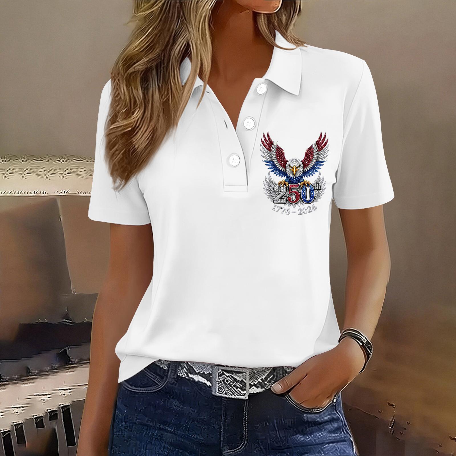

Women s Casual Button Front Short Sleeve T-Shirt with Independence Day Printed Design for 250th Anniversary Celebration Lightweight Top XL белый