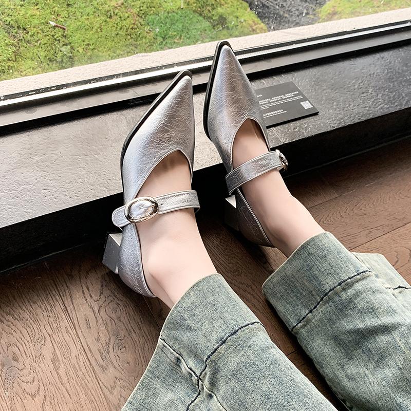 Fashion 2025 Spring New Low Heel Shoes Women's Pointed Head Shallow Mouth Metal Buckle Soft Sole Non-slip Low Top Shoes