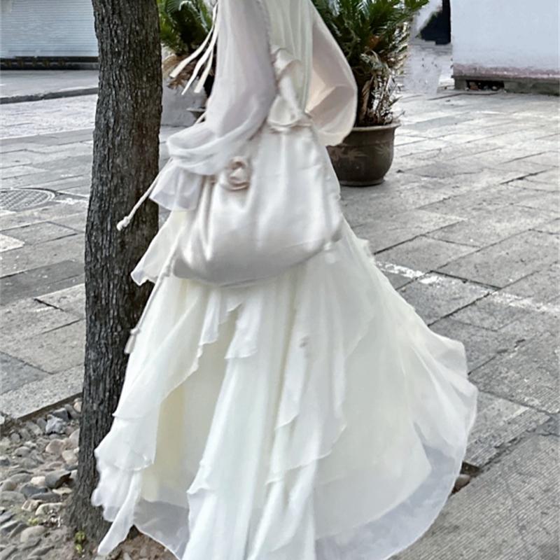 French Gentle Style First Love White Moonlight Fairy Dress Women's Summer V-Neck Waist-Cinching Dress