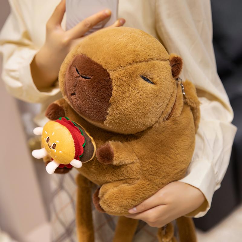 35CM Schöner Capybara Rucksack Plüschtiere Cartoon Capybara hält Hamburger Blumen Plüschpuppe Gefüllter Weicher Rucksack