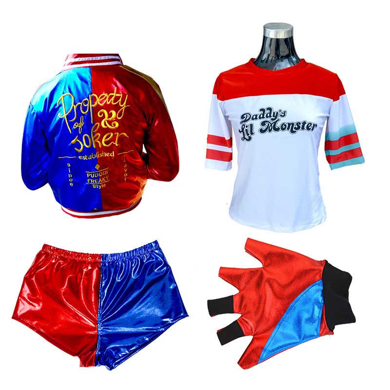 Top Qualität Mädchen Damen Selbstmord Harley Cosplay Kostüme Squad Quinn Monster Genähte Jacke Hosen Sets Karneval Anime Kostüm